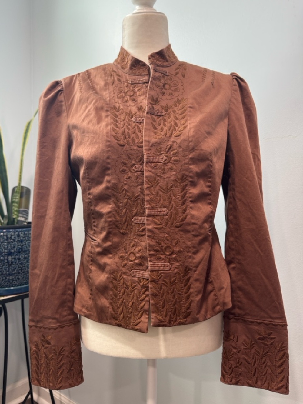 BCBGMaxazria Embroidered Mandarin Collar Women’s Brown Jacket